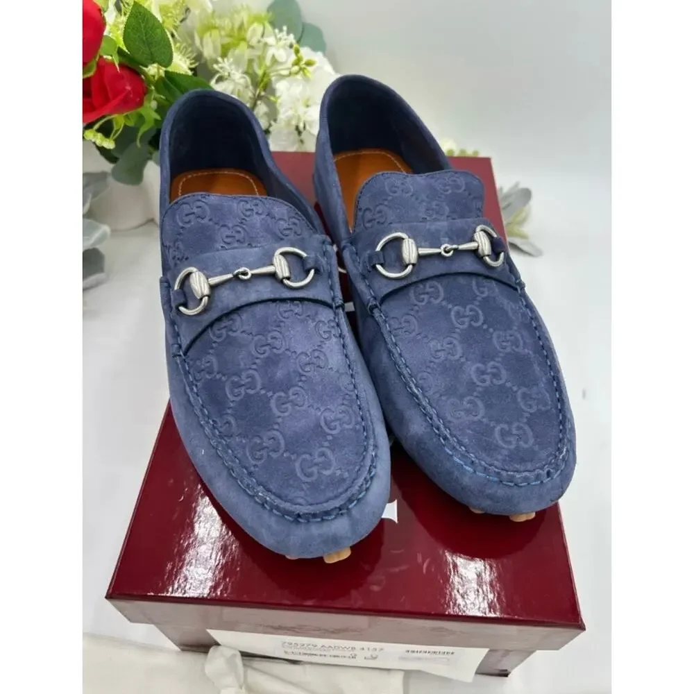 Men's Gucci blue suede GG embossed Driver loafer size 11 fits 11.5 made Italy - Picture 2 of 10